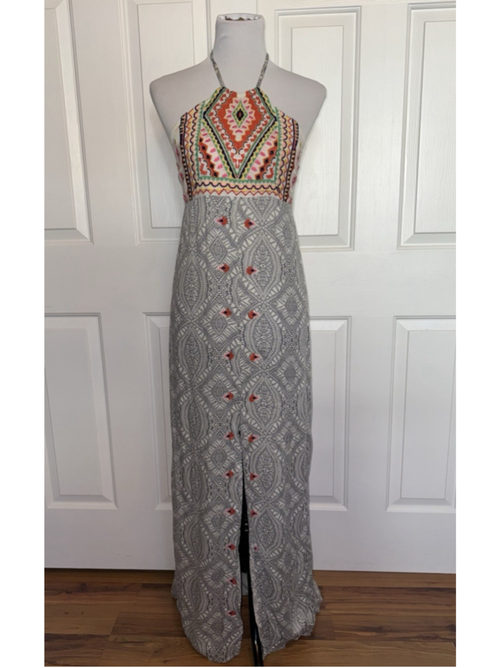Rip Curl Boho Embroidered Maxi Dress Halter Festival Indie Summer Beachy Slit